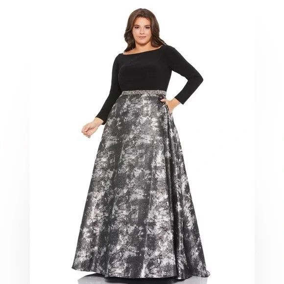 MAC DUGGAL STRETCH‎ TOP BROCADE BALL GOWN BLACK SILVER NEW 67741 SZ 24W - Picture 2 of 7